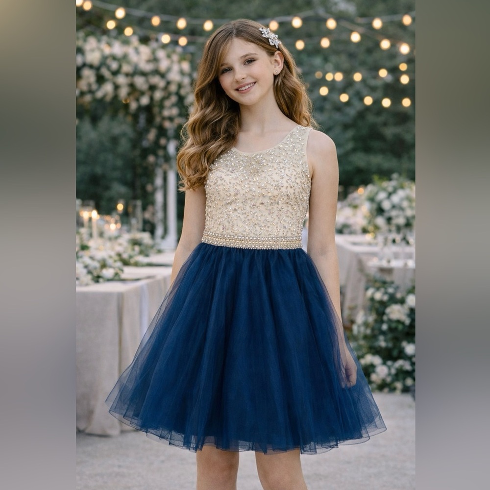 Calla Collection Navy & Gold Tween Special Occasion Dress‎ | Beaded Tulle Skirt